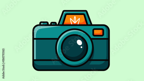 Illustration of a Teal Camera with Flash, Lens, and Buttons.