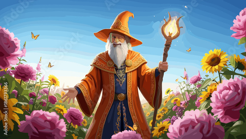 Wise wizard in orange robe holding staff in flowery field.
