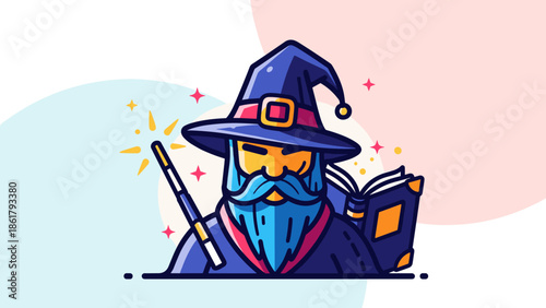 Wise wizard with a blue beard and a magic wand casting spells from a book.