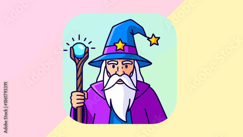 Wise wizard with a blue hat and a glowing staff ready to cast spells.