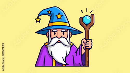 Wise wizard with a blue hat and a glowing crystal staff.