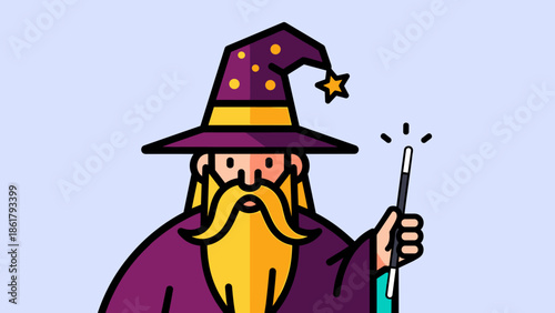 Wise wizard with a long beard and a magical wand casting a spell.