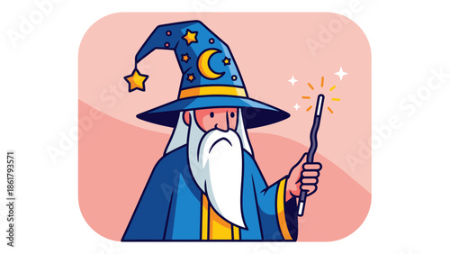 Wizard with magic wand and starry hat casting spell.
