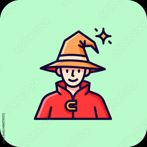 Wizard in a red robe and orange hat with a magical sparkle.