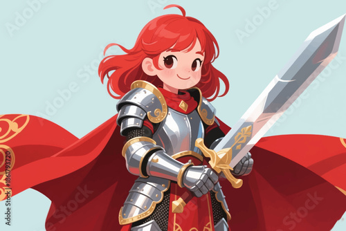 Red haired knight in silver armor with gold accents and red cape holding sword against light blue background.