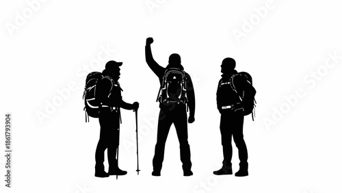 Three hikers with backpacks and hiking poles celebrating success.