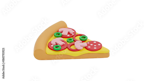 3D Rendered Slice of Pizza with Mushrooms, Salami, and Olives