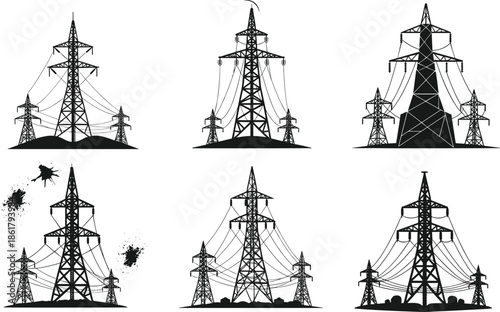 Transmission tower silhouettes, black and white, artistic design, electricity pylons, infrastructure concept, powerline structure, abstract effects, ink splash, moon, terrain