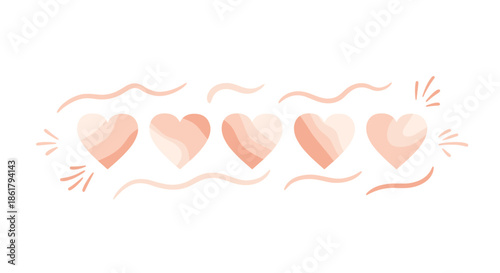 Horizontal arrangement of five soft pink hearts with decorative wavy lines and rays on a simple white background for romantic design.