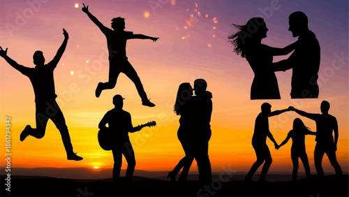 Silhouettes of people enjoying life at sunset.