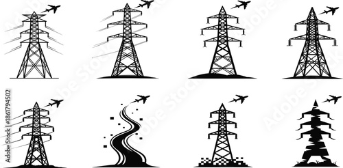 Transmission tower, airplane silhouette, pixel road, abstract infrastructure, black vector icon set, urban energy, aviation hazard, minimal design