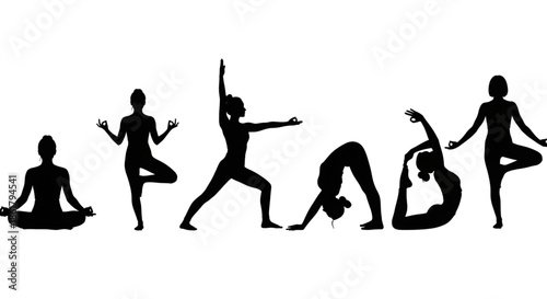 Collection of Women Yoga Pose Silhouettes for Wellness and Fitness