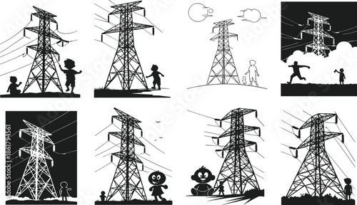 Transmission towers, children silhouette, cartoon characters, black and white, electric pylons, safety concept, infrastructure art, outdoor scene, playful interaction, awareness