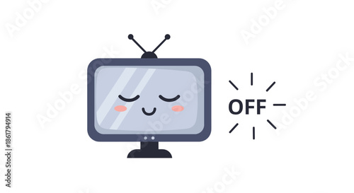 Adorable flat illustration of a television set with a sleeping face next to a bright OFF sign with radial lines indicating it is turned off.