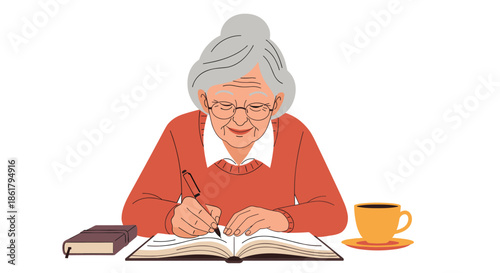 Senior woman with gray hair wearing glasses and a red sweater writing notes in an open book with a cup of hot coffee on her desk at home.