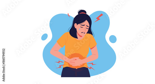Young woman suffering from intense abdominal pain or stomach ache while holding her belly with a pained expression and a single tear.