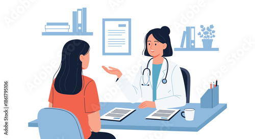 Female doctor in a white coat sitting at a desk and consulting with a female patient in a professional medical office or clinic environment.