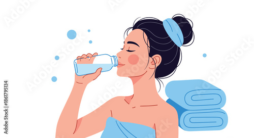 Young woman with her hair in a bun drinking a bottle of water next to stacked towels after a relaxing bath or shower for self-care routine.