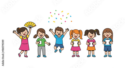 Group of diverse happy children jumping, dancing, and celebrating with colorful confetti and paper fans in their hands at a fun party.