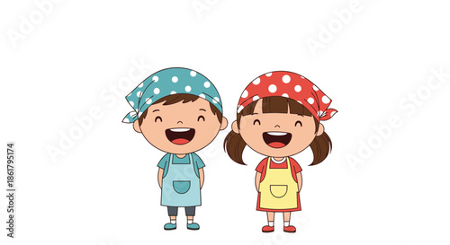 Two happy children, a boy and a girl, wearing colorful aprons and polka-dot bandanas while smiling joyfully for a cooking or baking activity.