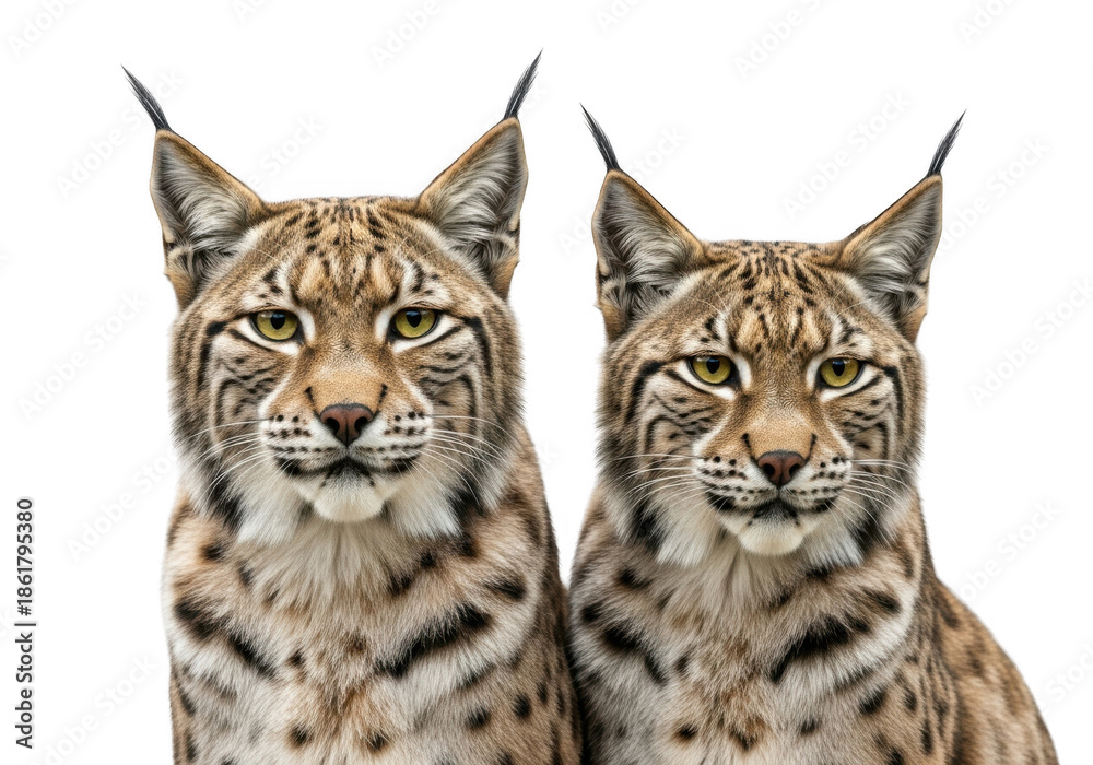 Obraz premium Two majestic bobcats with striking green eyes and detailed fur patterns side by side, showcasing their wild beauty and feline grace, isolated on transparent background