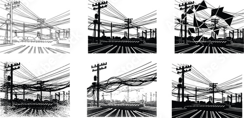 Utility poles, power lines, urban silhouettes, black and white, abstract textures, surreal composition, perspective depth, stippling, halftone, conceptual infrastructure art