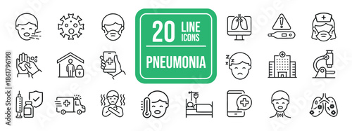 Pneumonia Icons Set of Thin Line Style Stock Vector Outline Minimal Pictogram Design Viral and Bacterial Infection Respiratory Disease Linear Signs Isolated