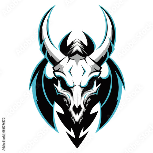 A striking digital illustration of a fearsome dragon skull with large, curved horns and glowing blue accents, set against a white background.