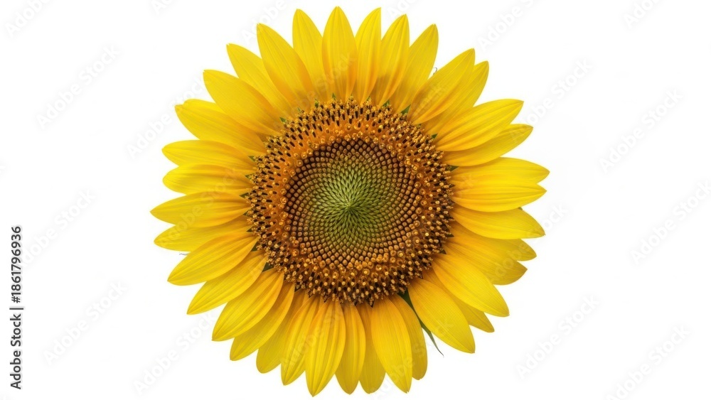 Fototapeta premium Vibrant yellow sunflower bloom with detailed center isolated on white background