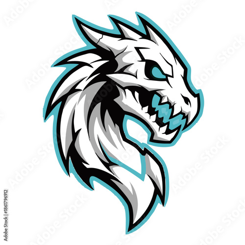 Wallpaper Mural A stylized white and grey skeletal dragon head with glowing blue eyes and sharp teeth, outlined in cyan. Torontodigital.ca