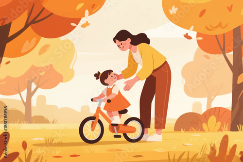 Woman helping child ride a bike in autumn park with warm colors, fallen leaves, and trees.