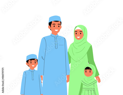 Happy Muslim Family in Traditional Clothing Smiling Together