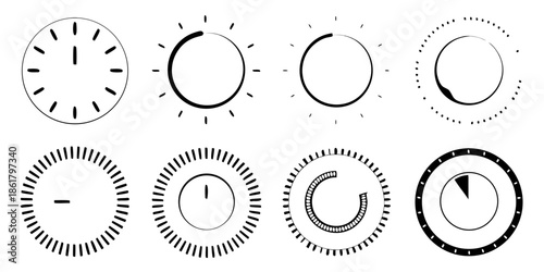 A collection of diverse circular dials and knobs in a black and white design