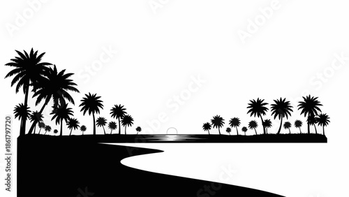 Silhouette of palm trees on a tropical island beach at sunset.