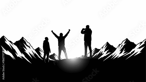 Silhouettes of hikers celebrating on a mountain peak at sunrise.