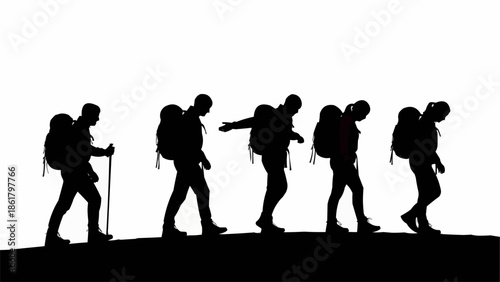 Silhouettes of hikers walking in a line on a white background.