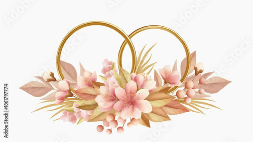 Elegant gold wedding rings with delicate watercolor flowers, perfect for engagement invitations, anniversary cards, or bridal ceremony designs with romantic floral accentsElegant gold wedding rings wi