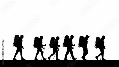 Silhouettes of hikers with backpacks walking in a line.