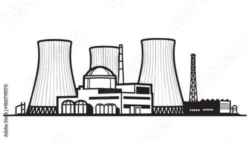 Illustration of a nuclear power plant with cooling towers