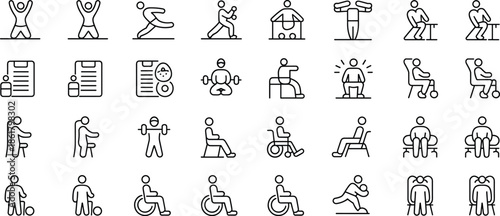 Black and white of people exercising and using medical equipment