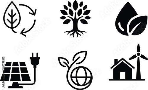 Eco friendly renewable energy icons set with recycling leaf, tree, solar panel, green planet, sustainable home, and wind power symbols