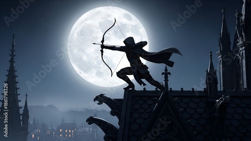 A silhouette of a man in a cape standing on a rooftop with a bow and arrow, aiming at a target under the light of a full moon.