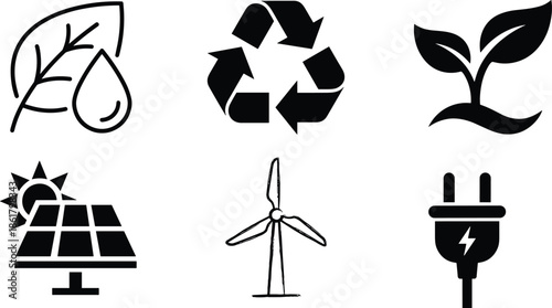 Eco friendly renewable energy icons set featuring recycling, solar panel, wind turbine, green leaf, sustainable growth, and clean electricity symbols