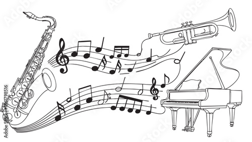 Musicalinstrumentsandnotesillustrationwithsaxtrumpetandpiano
