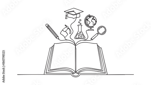 Open book with education and science icons emerging from pages