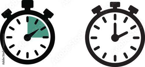 Stopwatch timer icon set vector with time tracking and countdown symbols, minimalist black and white clock design