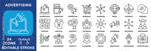 Advertising icon set outline featuring marketing, branding, promotion, audience targeting, media, engagement, strategy, and digital communication. vector