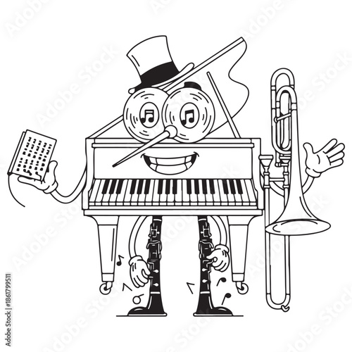 Whimsical Cartoon Piano Character with Musical Instruments and Sheet Music
