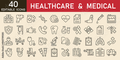 Healthcare and medical icons set in line style editable icons medicine and health icon collection, with icons of emergency, treatment, medical, doctor, pharmacy, diagnosis, editable stroke line icon  