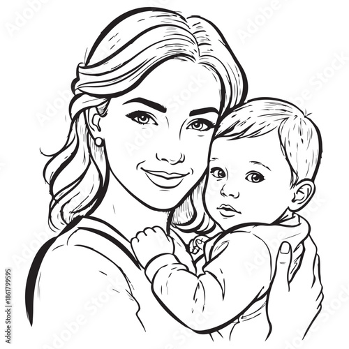 Black and White Stylized Line Art Drawing of Mother and Baby